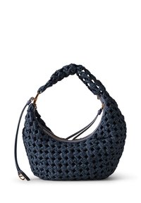 Woven navy handbag with a curved shape, textured pattern, and a braided handle. Features a zip closure and additional slim strap.