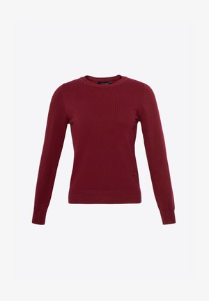 Burgundowy sweter z długim rękawem wykonany z dzianiny. Posiada okrągły dekolt oraz ściągacze na dole i na rękawach. Subtelny akcent z logo na dolnym brzegu.