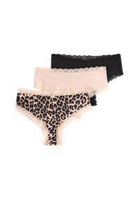 Three pairs of women's briefs: one black, one light pink, and one with a leopard print. All feature scalloped lace trim.