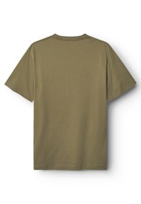 Olivno zelena majica s kratkimi rokavi iz mehke bombažne tkanine, z okrolim ovratnikom, ravnim robom in brez vidnih grafičnih motivov ali okraskov.