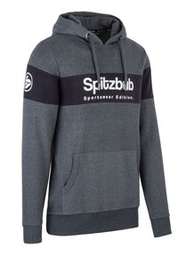Grauer Kapuzenpullover aus einem Baumwollmischgewebe, mit einem schwarzen Band und dem Logo "Spitzbub Sportswear Edition", Kängurutasche und gerippten Bündchen.