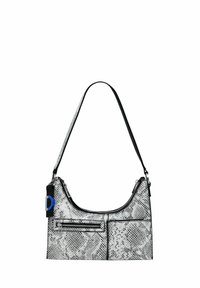 Black and white snake-print handbag with a curved silhouette, featuring a zippered pocket, black strap, and blue tag accent.