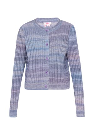 Rebrasti pleteni kardigan u gradijentnim nijansama ljubičaste i plave, s okruglim izrezom i šest ljubičastih dugmadi sprijeda.