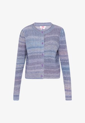 Cardigan a maglia ribbed in sfumature gradienti di viola e blu, con scollatura rotonda e sei bottoni viola sul davanti.