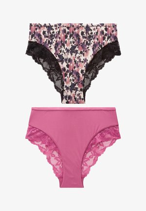 Two pairs of women's underwear: top features a multicolored floral pattern with black lace trim; bottom is solid pink with lace accents.