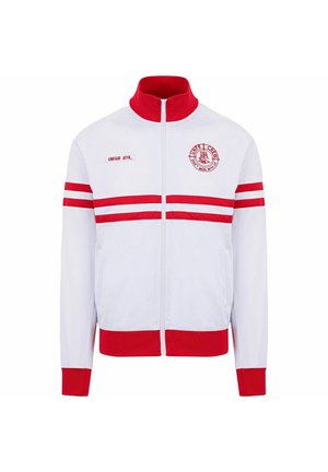 Weißes Reißverschluss-Jacke mit rotem Kragen, Bündchen und Saum, mit roten horizontalen Streifen und Textlogos auf Brust und Ärmeln.