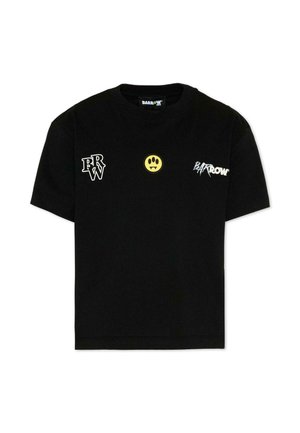 T-shirt nera a maniche corte con i loghi bianchi "BRW" e "Barrow" e una faccina da vampiro gialla al centro sul davanti.