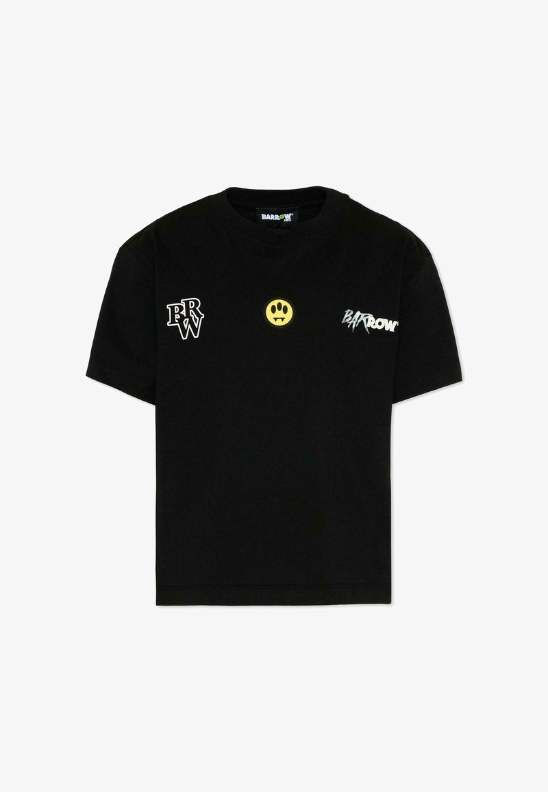 Czarny t-shirt z krótkim rękawem z białymi logo "BRW" i "Barrow" oraz żółtą twarzą wampira w formie uśmiechu na środku przodu.