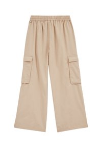 Beiga cargobyxor med elastisk midja, vida ben och två sidofickor. Tillverkade av mjukt, lättviktigt tyg med en jämn textur.