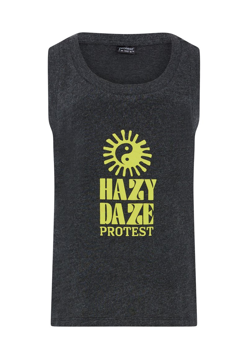 Canotta grigia scura realizzata in un tessuto mélange con una stampa grafica gialla che presenta un design di sole e yin-yang, etichettata "HAZY DAZE PROTEST."