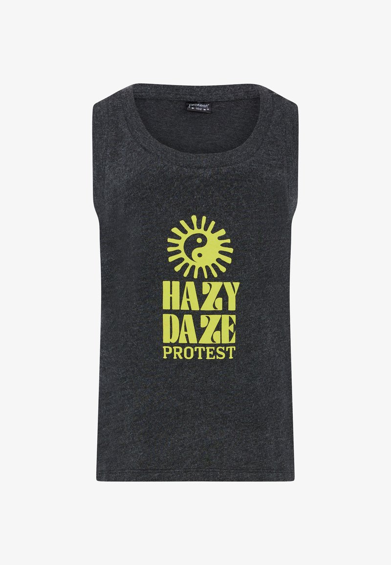 Ciemnoszary tank top wykonany z materiału w heathered, z żółtym nadrukiem graficznym przedstawiającym słońce oraz wzór yin-yang, oznaczony napisem "HAZY DAZE PROTEST."