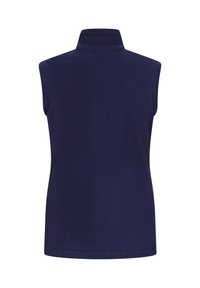 Marinefarbener, ärmelloser Fleece-Westen mit hohem Kragen, glatter Textur und einem schlichten Design. Keine sichtbaren Muster oder Befestigungen.