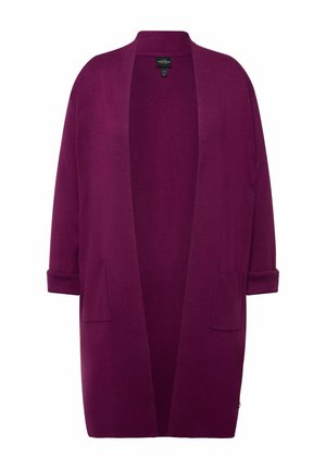 Langer lila Cardigan mit offenem Front-, zwei Taschen und umgeschlagenen Ärmeln, aus einem weichen Strickmaterial mit glatter Textur.