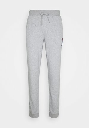 Pantaloni jogger grigio chiaro con fascia elastica costellata in vita e ai polsi, coulisse regolabile e tasche laterali, mostrati frontalmente su sfondo bianco.
