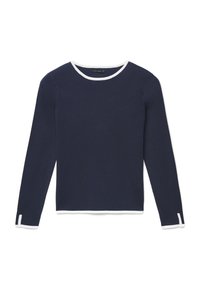 Marineblauer Pullover mit langen Ärmeln und einem weißen, gerippten Rundhalsausschnitt sowie Saum. Strukturierte Strickware mit seitlichen Schlitzen an den Bündchen.