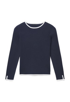 Marineblauer Pullover mit langen Ärmeln und einem weißen, gerippten Rundhalsausschnitt sowie Saum. Strukturierte Strickware mit seitlichen Schlitzen an den Bündchen.