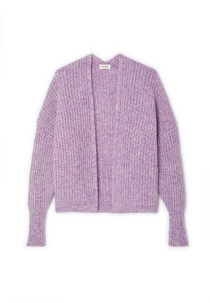 Lilac knitted cardigan with an open front, textured ribbing, dropped shoulders, and long sleeves. Soft, lightweight material with a cozy design.