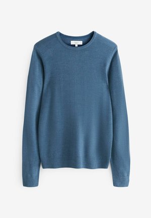 Blauwe gebreide trui met lange mouwen, ronde hals en ribbelmanchetten. Glad textuur, lichtgewicht stof en een effen kleur overal.