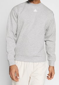 Svetle šedá mikina vyrobená z bavlněné směsi, s dlouhými rukávy, kulatým výstřihem a bílým logem Adidas na hrudi. Žebrované manžety a lem.