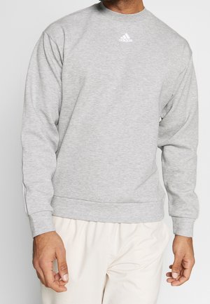 Sudadera gris claro hecha de una mezcla de algodón con manga larga, cuello redondo y logo blanco de Adidas en el pecho. Puños y dobladillo acanalados.