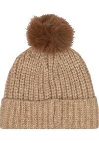 Knitted tan beanie hat featuring a ribbed cuff and a brown faux fur pom pom on top. Textured pattern throughout the hat.