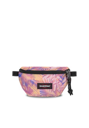 Pequeña riñonera de tela con patrones de hojas en rosa y naranja, cremallera negra y parche con el logo de Eastpak en el frente.