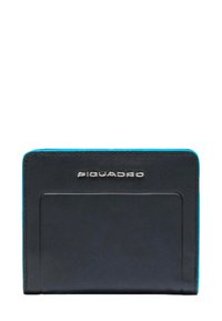 Zwarte lederen portemonnee met turquoise accenten, voorzien van een voorvak voor kaarten en een geperst merklogo van Piquadro, met een gladde textuur.