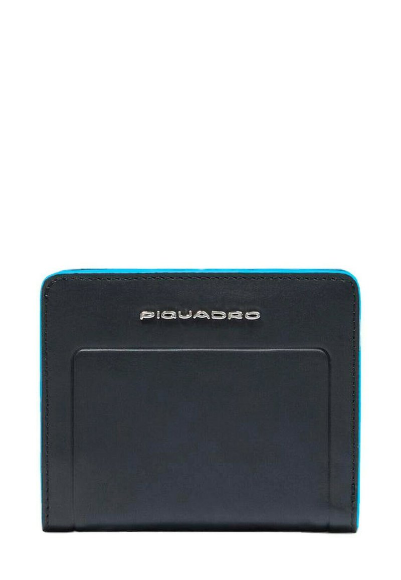 Zwarte lederen portemonnee met turquoise accenten, voorzien van een voorvak voor kaarten en een geperst merklogo van Piquadro, met een gladde textuur.