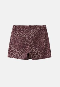 Kratke hlače iz jeansa z leopardjim vzorcem v temni burgundski in bež barvi, z zadnjimi žepi in prilegajočim se pasom z zankami.
