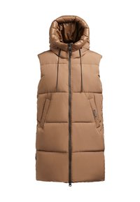 Gilet matelassé marron avec une capuche haute, fermeture éclair à l'avant, deux poches latérales et texture matelassée. Présente une finition extérieure lisse et brillante.