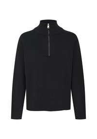 Maglione a collo alto in maglia nera con mezza zip al collo, dotato di maniche a raglan e tessuto testurizzato. Senza motivi o dettagli aggiuntivi.