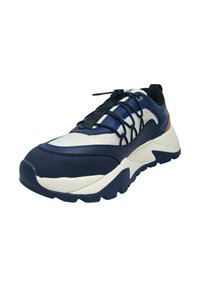 Scarpa atletica navy e crema con superficie testurizzata, suola imbottita e lacci elasticizzati, con un accentuato supporto per il tallone.