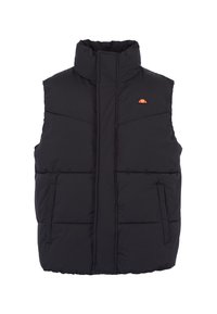 Zwarte puffer vest met een hoge kraag, rits aan de voorkant en twee zijzakken. Kenmerkend zijn de gestikte panelen en een oranje logo op de borst.