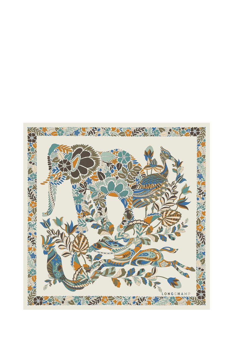 Square silk scarf featuring detailed floral and animal motifs in teal, orange, brown, and cream with a decorative border.