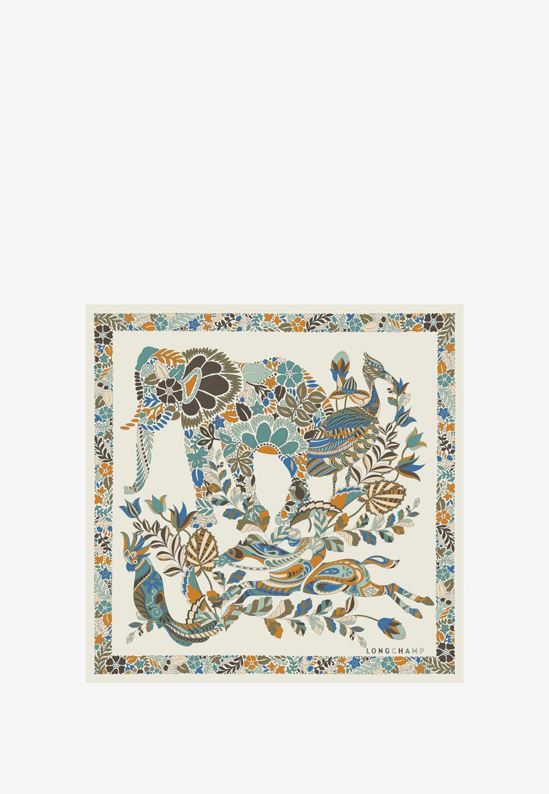 Quadratisches Seidentuch mit detaillierten floralen und tierischen Motiven in Türkis, Orange, Braun und Creme sowie einem dekorativen Rand.