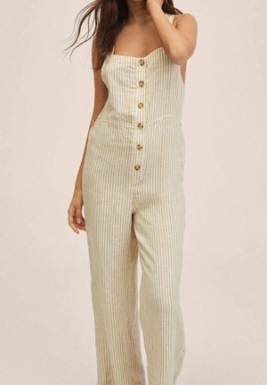 Pasek kombinezon w jasnym beżu i zieleni, z dopasowanym gorsetem, szerokimi nogawkami i guzikami z przodu. Lekka tkanina o teksturowanym wykończeniu.
