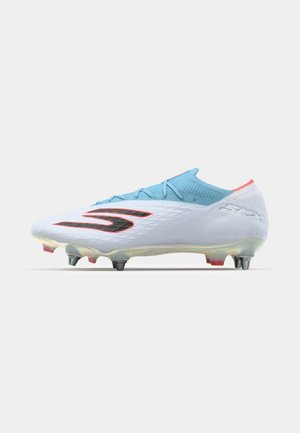 White soccer cleat featuring a textured upper, light blue accents, and black branding. Includes multi-colored traction studs on the sole.