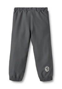 Pelēkas ūdeni atgrūdošas bikses ar elastīgu jostasvietu un aprocēm. Sānos maza apaļa logo. Gluda tekstūra un vaļīgs piegriezums.