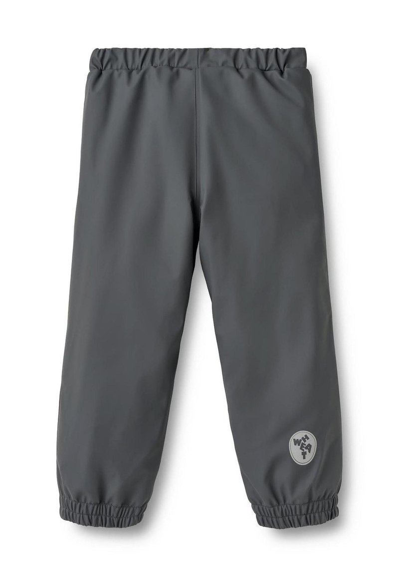 Pelēkas ūdeni atgrūdošas bikses ar elastīgu jostasvietu un aprocēm. Sānos maza apaļa logo. Gluda tekstūra un vaļīgs piegriezums.