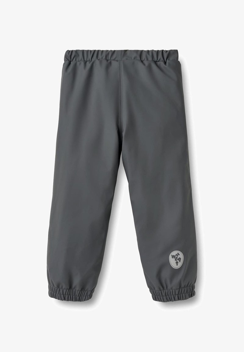 Pelēkas ūdeni atgrūdošas bikses ar elastīgu jostasvietu un aprocēm. Sānos maza apaļa logo. Gluda tekstūra un vaļīgs piegriezums.