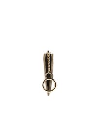 Haarklammer in Goldoptik mit einem eleganten, verlängerten Design und einer spitzen Endform, verbunden mit einer Kette und einem kreisförmigen Akzentdetail.