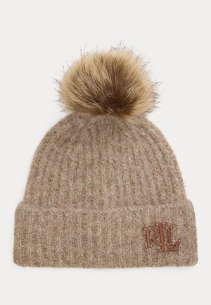 LEATHER-TRIM POM-POM RIB-KNIT BEANIE - Mössa - taupe