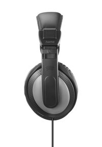 Schwarze Over-Ear-Kopfhörer mit gepolstertem Kopfband, runden Ohrmuscheln mit einem strukturierten Muster und einem abnehmbaren Kabel.