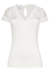 Haut blanc avec des manches courtes en dentelle et un empiècement en dentelle ; présente une petite ouverture en forme de clé au dos. Tissu doux avec une coupe ajustée.