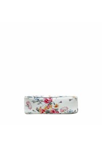 Custodia per occhiali con motivo floreale in materiale sintetico bianco. Presenta fiori colorati e una texture liscia. Forma rettangolare con bordi arrotondati.