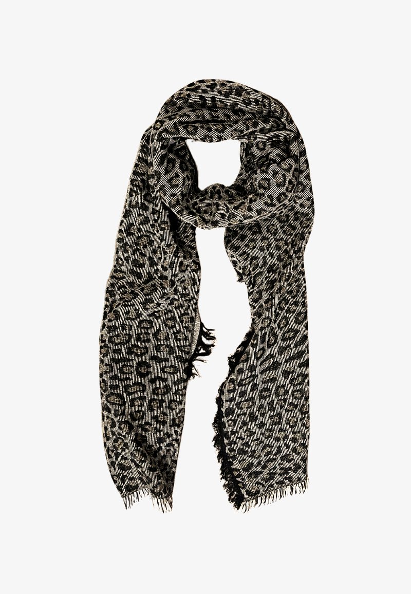 Sciarpa in stampa leopardo bianco e nero realizzata in tessuto testurizzato. Caratterizzata da estremità frangianti e un design leggero adatto per essere stratificato.