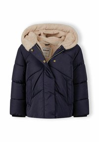 Mornarica džemper s podstavom i kapuljačom od bež umetničkog krzna. Ima dijagonalno šivenje, zatvarač i kopče s dugmadi. Mekana tekstura s dva bočna džepa.