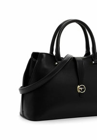 Borsa nera in pelle con due manici superiori, una tracolla staccabile e dettagli in oro. Texture liscia e forma strutturata.