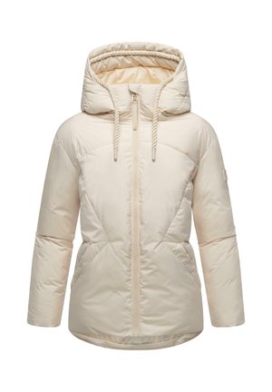 Light beige puffer jacket with a hood, zip closure, and textured diagonal stitching. Features two side pockets and a relaxed fit.