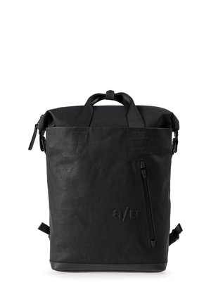 Black rectangular backpack with top handles, a front vertical zip pocket, and embossed "a/u" logo on the front panel.